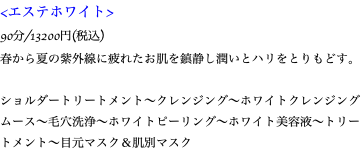 <エステホワイト> 90分/13200円(税込) 春から夏の紫外線に疲れたお肌を鎮静し潤いとハリをとりもどす。 ショルダートリートメント〜クレンジング〜ホワイトクレンジングムース〜毛穴洗浄〜ホワイトピーリング〜ホワイト美容液〜トリートメント〜目元マスク＆肌別マスク